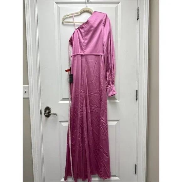 MAC DUGGAL Size 2 Pink 26712 ONE SHOULDER BISHOP SLEEVE SATIN Formal GOWN Dress